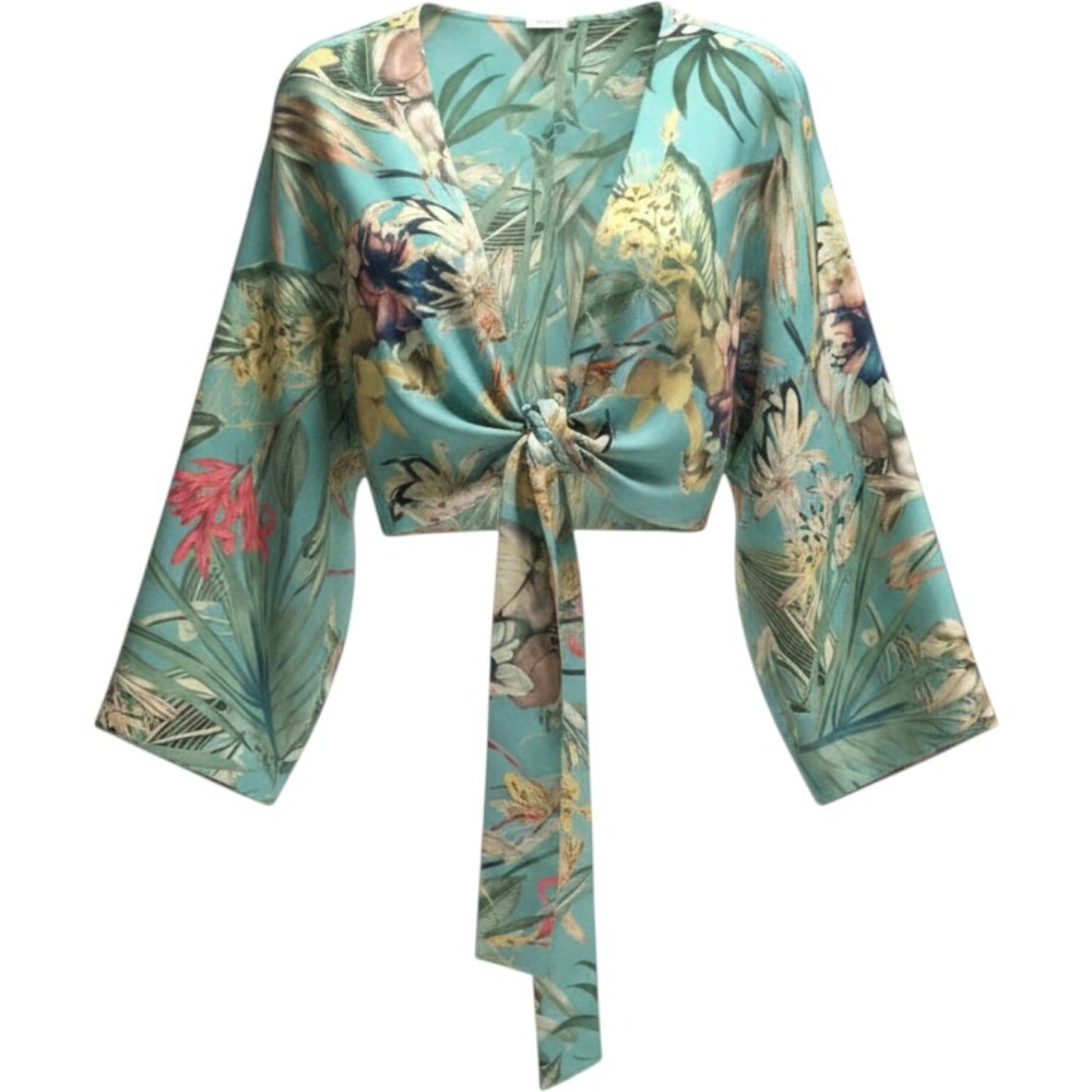 One Size see measurements Tropical blue swim coverup loose‎ 3/4 versatile top